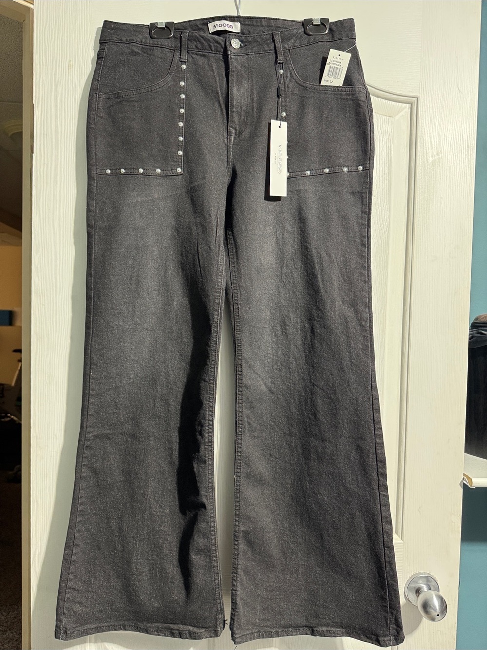 Vigoss Studded Wide Leg Jeans NWT Size 32 Blue High Rise Y2K Denim 🛑Flawed🛑